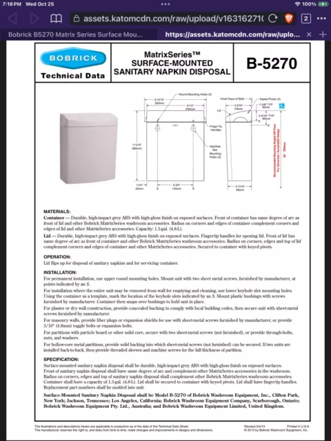 Matrix Series SuRFACE-bobrick MOuNTEd SANITARy NAPkIN dISPOSAL