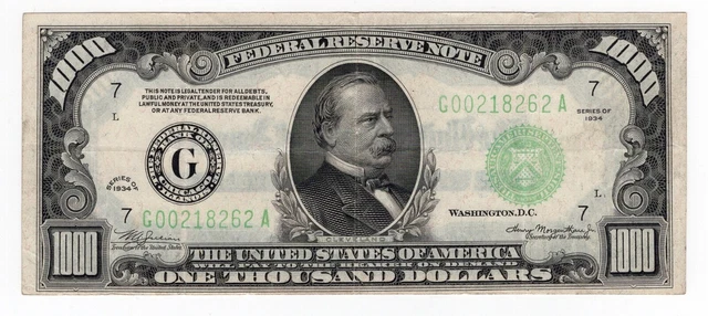 Series 1934 Dark Green Seal $1,000 Chicago Federal Reserve Note