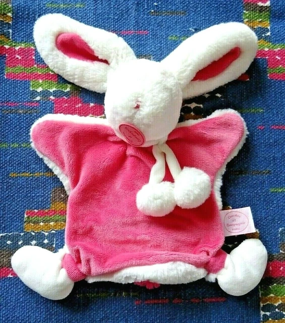 Jp / Doudou Et Compagnie Marionnette Lapin Pompon Fraise Rose Blanc Etat Neuf