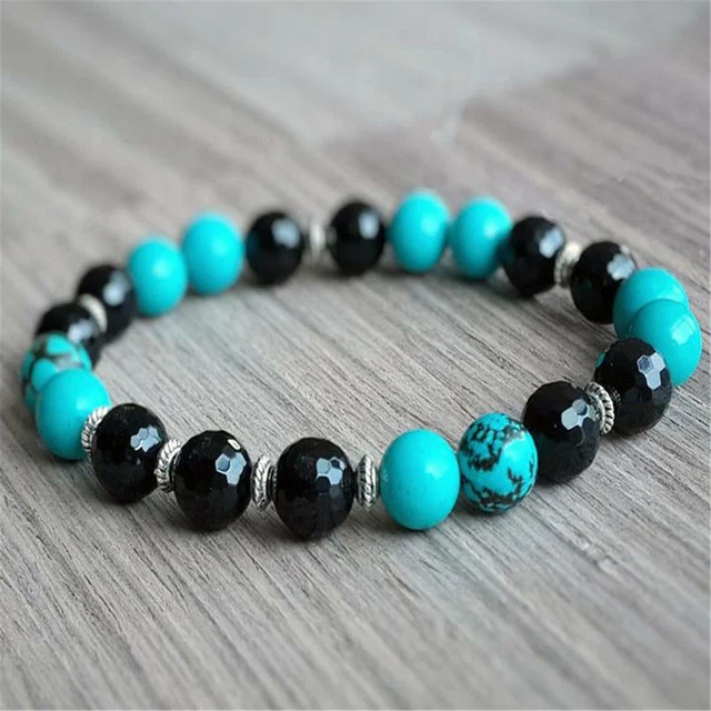 8mm Natural Black Onyx Turquoise Mala Bracelet Sutra Unisex Pray Meditation