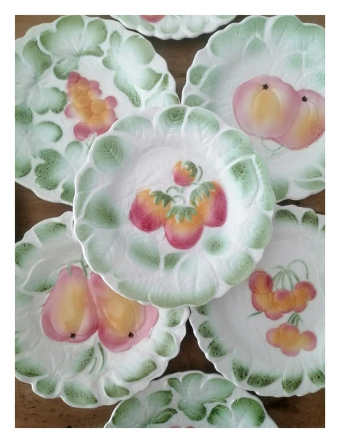 Sarreguemines 9 assiettes barbotine fruits modèle rare