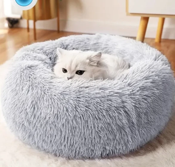 Donut Plush Pet Dog Cat Bed Fluffy Soft Warm Calming Bed Sleeping Kennel Nest