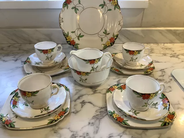 Vintage 4 Trio Wellington & Co China Art Deco Tea Set -jug-sugar Bowl cake Plate