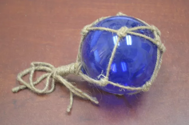 Reproduction Cobalt Blue Glass Float Ball Buoy With Fishing Net 4" #F-502