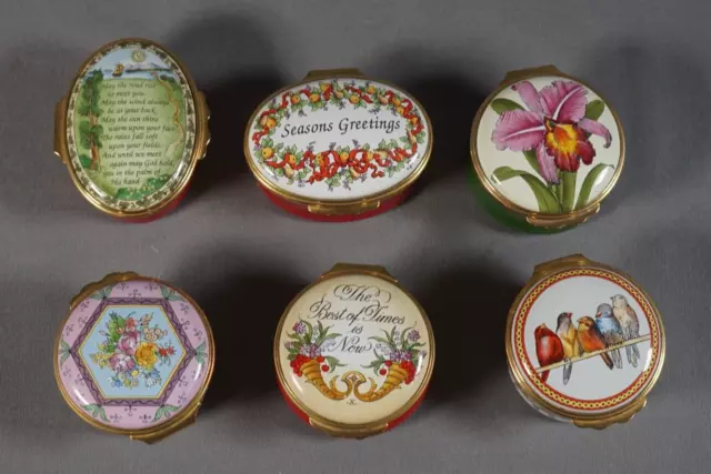 Lot of 6 Vtg Halcyon Days Enamel Boxes Trinket Box Flowers Birds Season Greeting