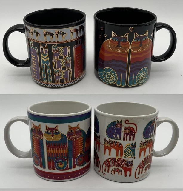 Laura Burch Cat Kitten Coffee Mugs White Felines Rainbow Egypticats LOT FOUR
