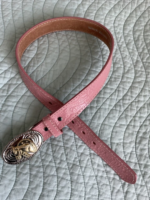 Nocona girls pink tooled leather belt silver & gold oval Horse  buckle 24" EUC