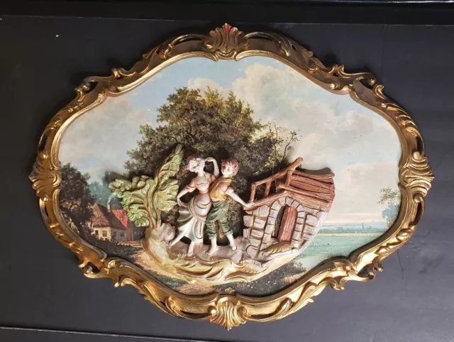 Vintage 3D Empire Figural Art Wall Plaque Ornate Frame Italy Dancing Scene
