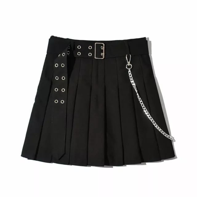 High Waist Black Women Girl Sexy Punk Pleated Chain Gothic Skirt Belt Frill Mini