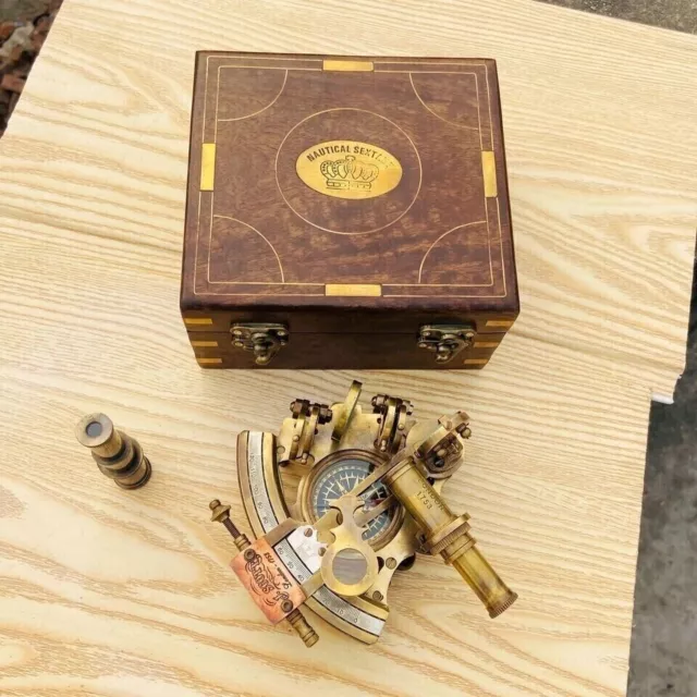 Brass Sextant Compass w Wooden Box Vintage Maritime Antique Nautical Marine Gift