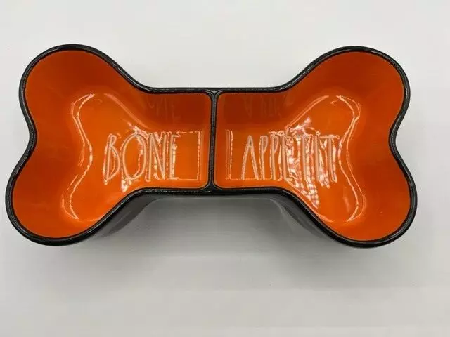 Rae Dunn "Bone Appetit " Bone shape pet dish Artisian By Magenta Orange/Black