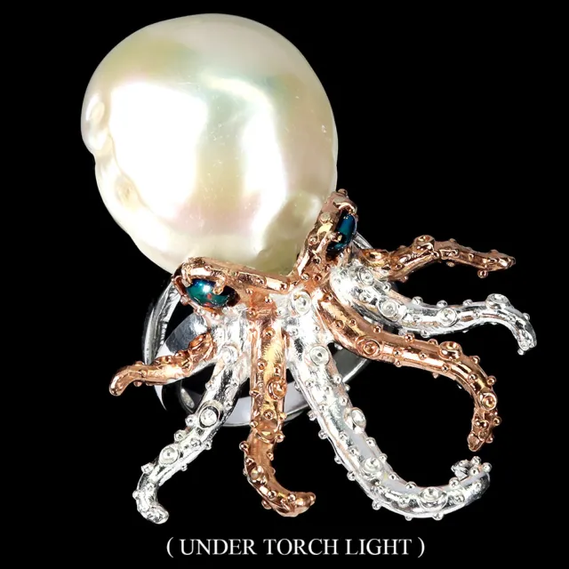 Natural Baroque Pearl 23x20mm Black Opal 925 Sterling Silver Octopus Ring 9.5