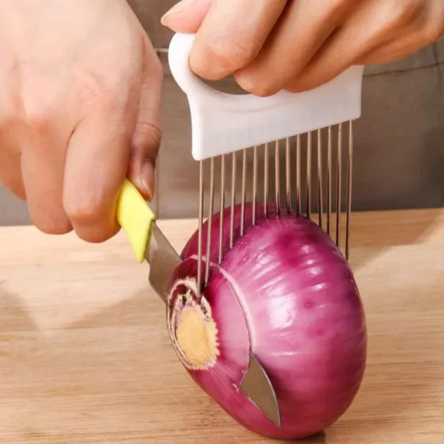 Soporte de cebolla de acero inoxidable cortadora clavijas de corte de cocina gadget multiusos