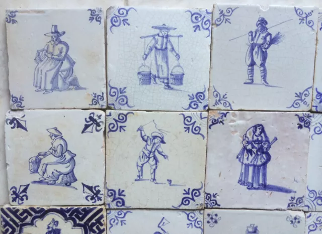 Antique Mixed Collection of 20 Early Dutch Delft Tile Large Figures 1625-1650 2