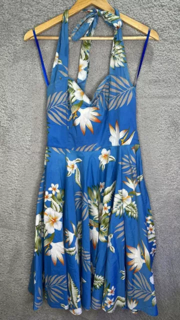 Hell Bunny Vixen Women's Dress Size M Blue Floral Pinup Halter Circle Flare