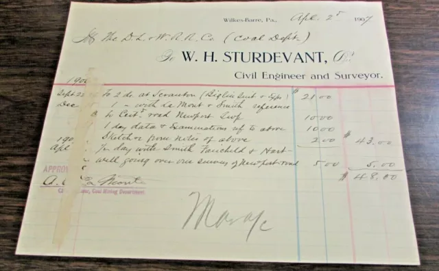 W.h. Sturdevant - Cival Engineer - Wilkes-Barre Pa - Billhead 1907