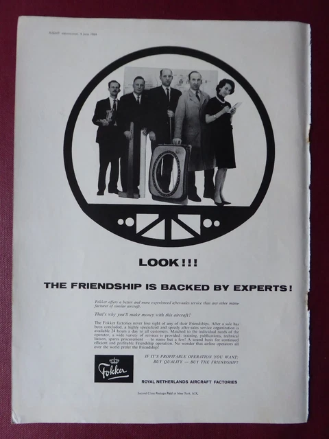 6/1964 Pub Fokker Aircraft Holland F27 Friendship Plane Original Ad