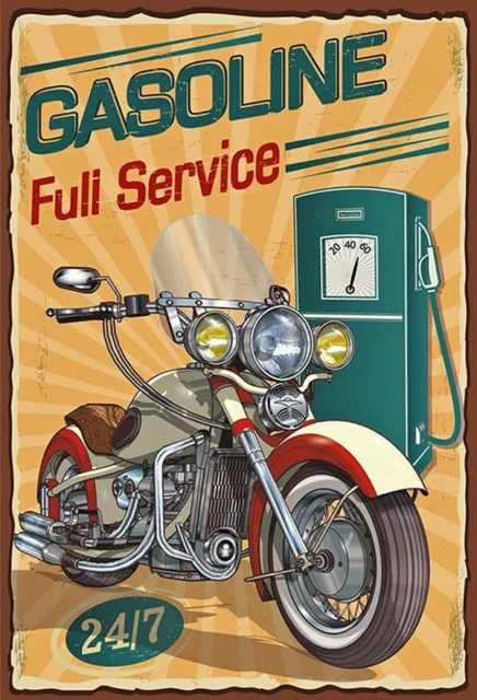 Blechschild Gasoline Full Service 24/7 Motorrad Biker Custom Bike 20x30cm