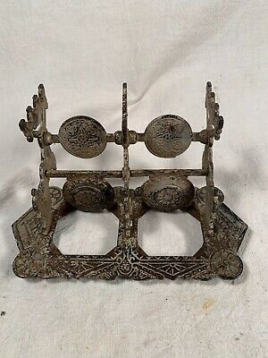 Antique Cast Iron Floral & Leafy pattern Double Inkwell Stand Covers Nov 25,1879