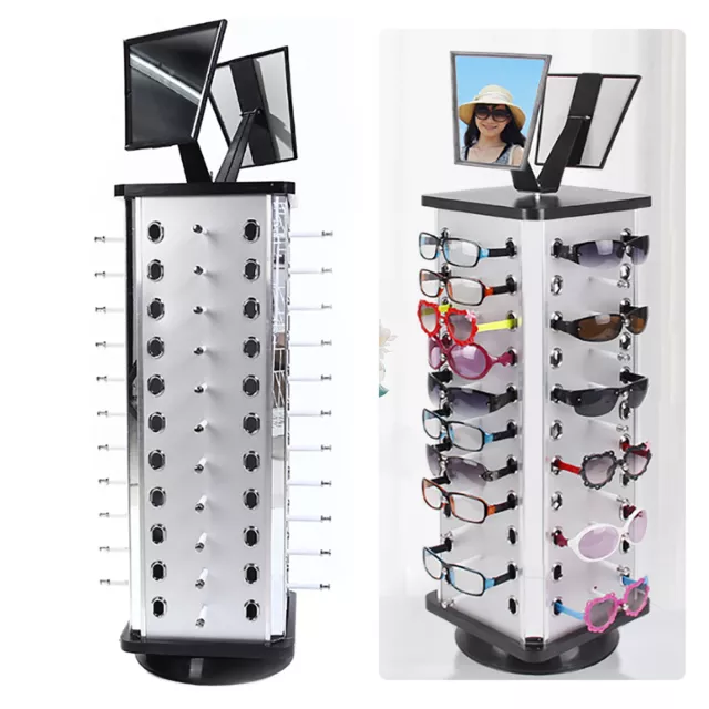 44 Pairs Sunglass Display Rack Metal Glasses Stand Holder 360 Rotating & Mirror