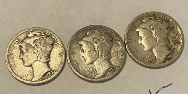 Lot Of 3 1934 Mercury Dimes 90% Silver 10 Cent Coins