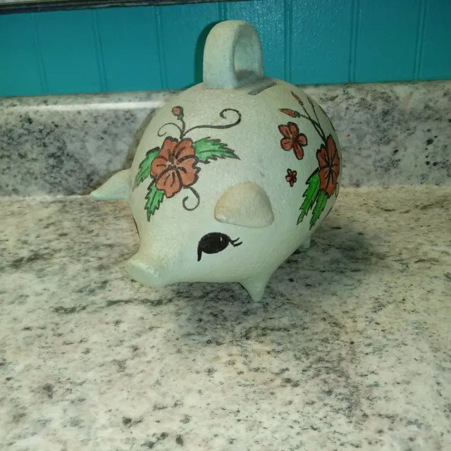 Vintage Ceramic Piggy Bank with handle hand painted flowers Julie antique pig