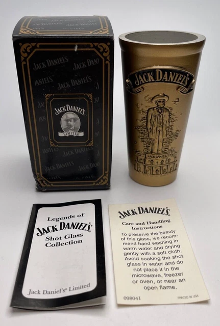 Jack Daniels Legends of Lynchburg 2002 Gold Metal Tall Shot Glass: JD Statue