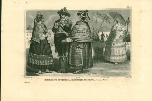 Gravure ancienne sur acier XIXème costumes Bolivie issue de livre