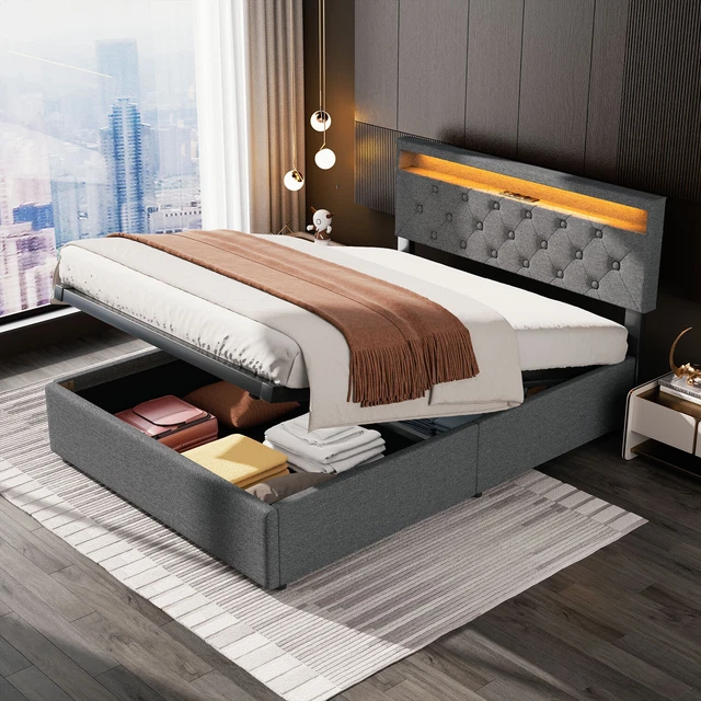 MODERN DOUBLE SINGLE Metal Bed Frame Upholstered Headboard with LED