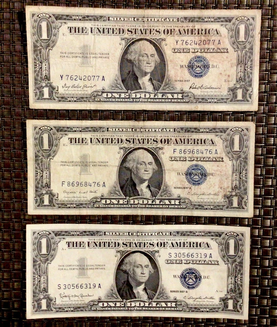 Set Of 3 (1) 1957 (1) 1957A & (1) 1957B One Dollar Blue Seal Silver Certificates