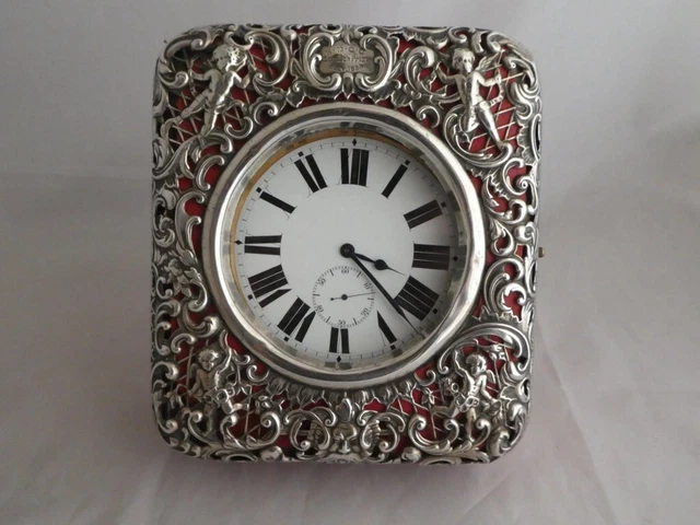Antico Orologio Da Carrozza Cornice Argento Putti Inglese Londra Anno 1899