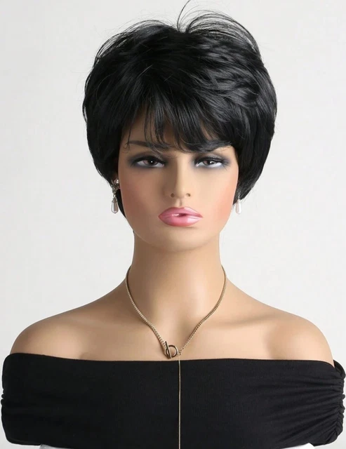 Perruque Femme Synthétique Courte Noire Lisse Avec Frange - Neuf Sans étiquettes