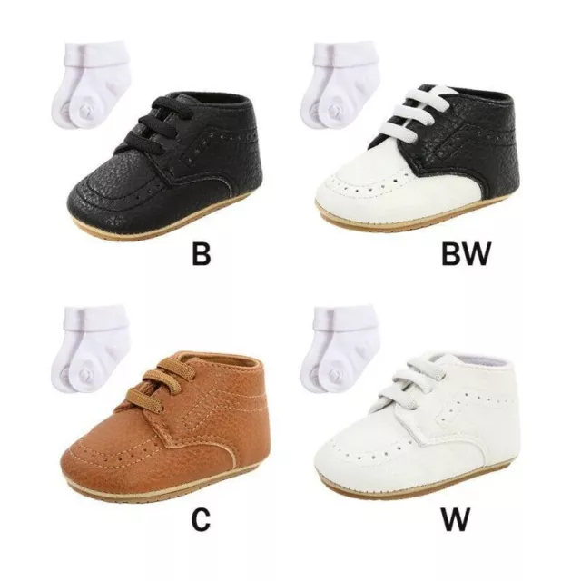 Baby Boy Girl PU Leather Sneakers Infant Newborn Lace Up Crib Shoes + Sock 0-18M