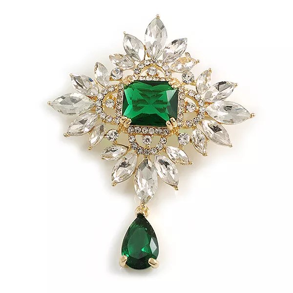 Statement Victorian Style Green/Clear Austrian Crystal Charm Brooch/Pendant in