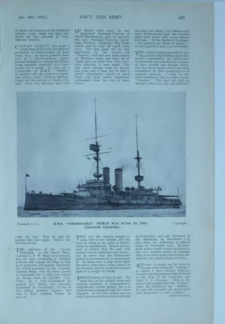 1915 Ww1 Article & Pics War News Hms Formidable Sunk In English Channel