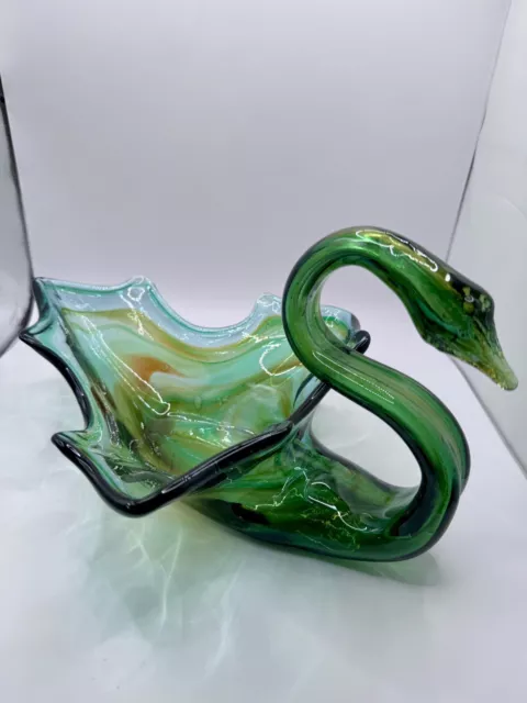 Vtg Sooner 1960's, Large Hand Blown Murano Swirl Art Swung Glass Swan MCM Green 2