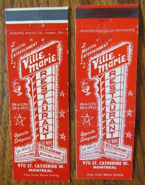 Montreal, Quebec: Ville Marie Restaurant 2 Different Full Length Matchbooks -G10