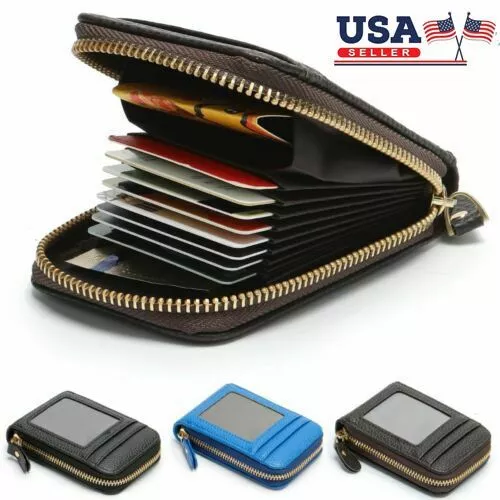 Genuine Leather Men Wallet Credit Card Holder RFID Blocking Zipper Pocket Thin