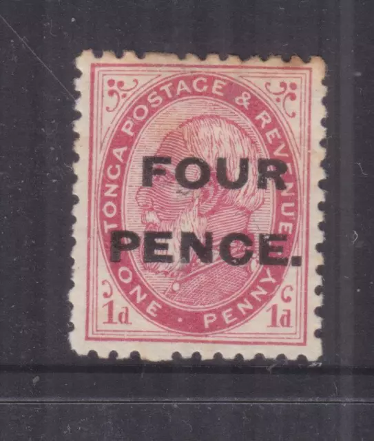 TONGA, 1891 FOUR PENCE on 1d. Carmine, heavy hinged.