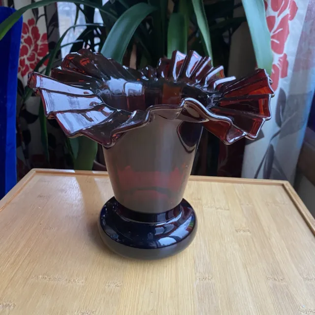 Beacon glass Bohemian Amberina Red Large Ruffled Crimped Vase Hand Blown