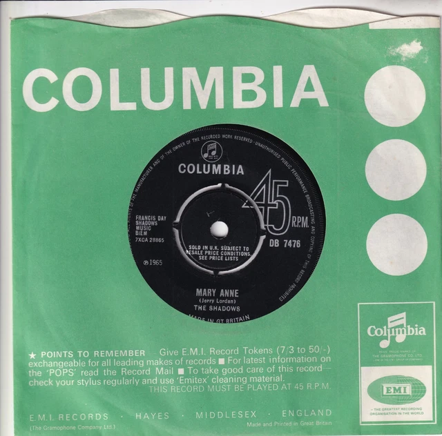 The Shadows..mary Anne...excellent 1965 Columbia Pop / Beat 7"..Db 7476