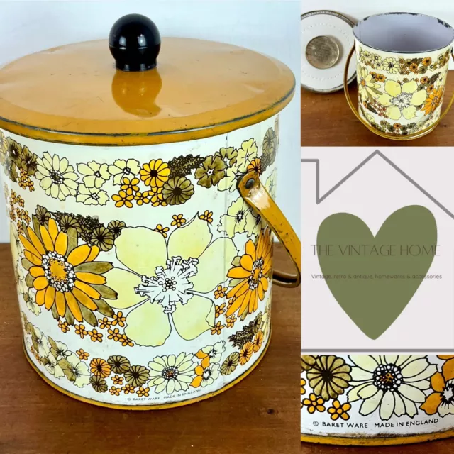 Vintage Baret Ware Biscuit Barrel Tin Floral 1960s Flowers Mustard Yellow Beige