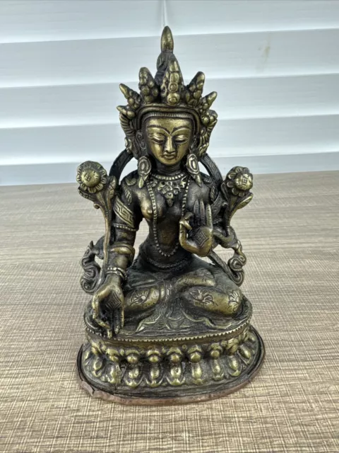 6” Antique old temple Tibetan Buddhism bronze Green Tara statue