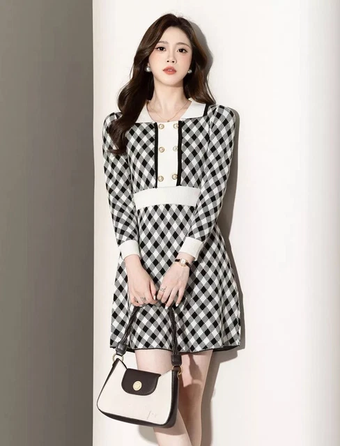 Robe Fluide Yessica à Carreaux Noir Et Blanc, Coupe Aline - Tailles 38/40/42 (occasion Très Bon état)