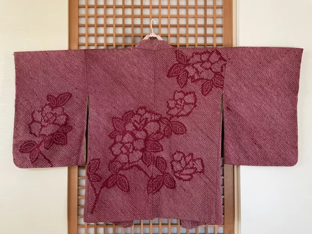 Vintage Japanese Silk Kimono Jacket Haori/Shibori/Gown/Camellia pattern/Dark Red