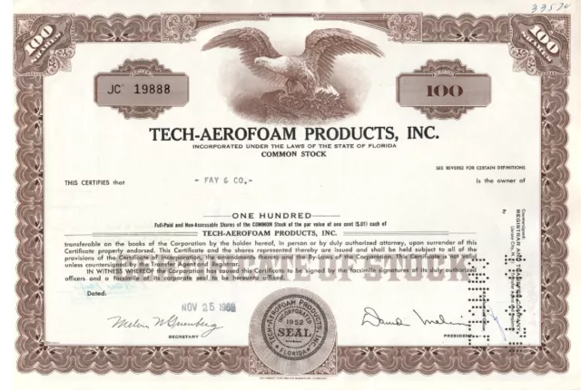 Tech-Aerofoam Products, Inc. - Original Stock Certificate -1969 - JC19888