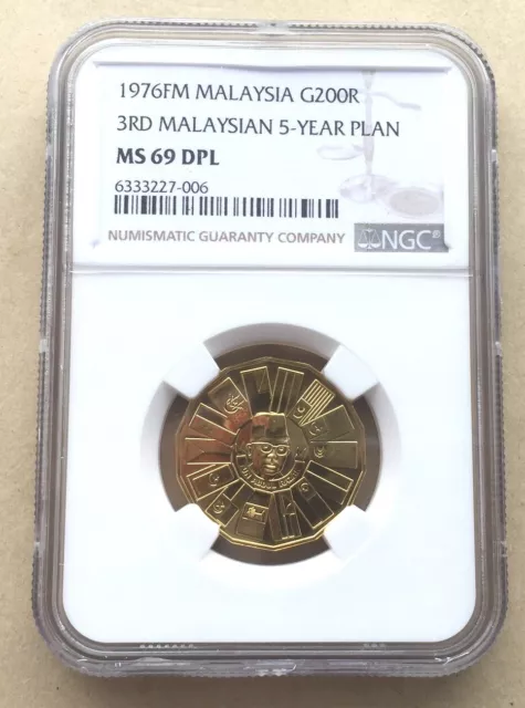 Malaysia 1976 5-Year Plan NGC 200 Ringgit MS69DPL Gold Coin,UNC,Rare