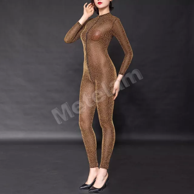 Women Striped Sheer Bodysuit Catsuit Two Way Zipper Romper Open Crotch  Jumpsuit