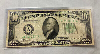 1934 A Ten Dollar Bill A52630337A Serial Boston Massachusetts