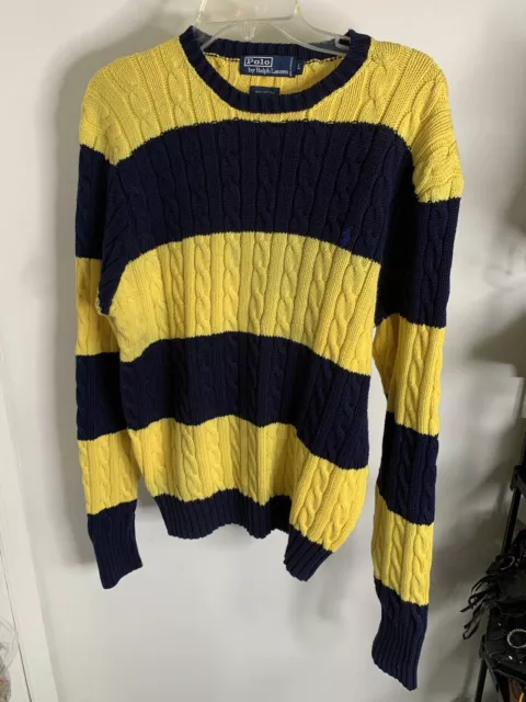 Polo Ralph Lauren Sweater Sz L Cable Knit Crew Cotton Pony Logo Blue Yellow Vtg